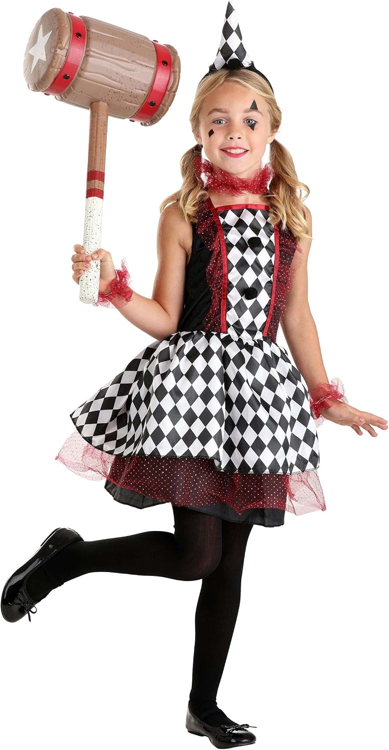Fun Costumes Girl's Burgundy Harlequin Costume for Kids - Child Carnival Clown Dress with Headband, Choker, & Wrist Bands, Medium