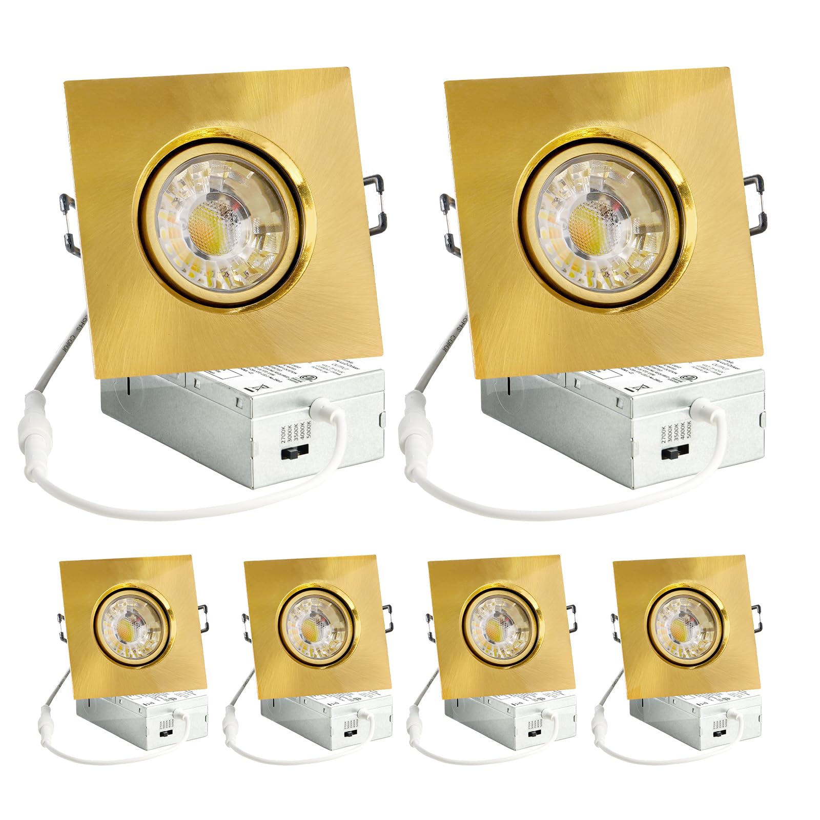 3 Inch Gimbal Recessed Light 8W 5CCT Selectable, 360° Rotatable Square Downlight with Junction Box, Wet Location Dimmable Wafer Lights, 3 Inch 6Pack Gold