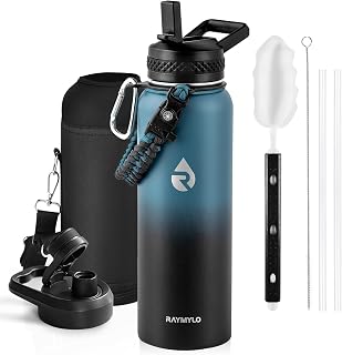 RAYMYLO 40 oz Insulated Water Bottle: Triple Wall Vacuum Stainless Steel, 48 Hr Cold, Leakproof Paracord Handle, Straw & Spout Lids, Indigo/Black