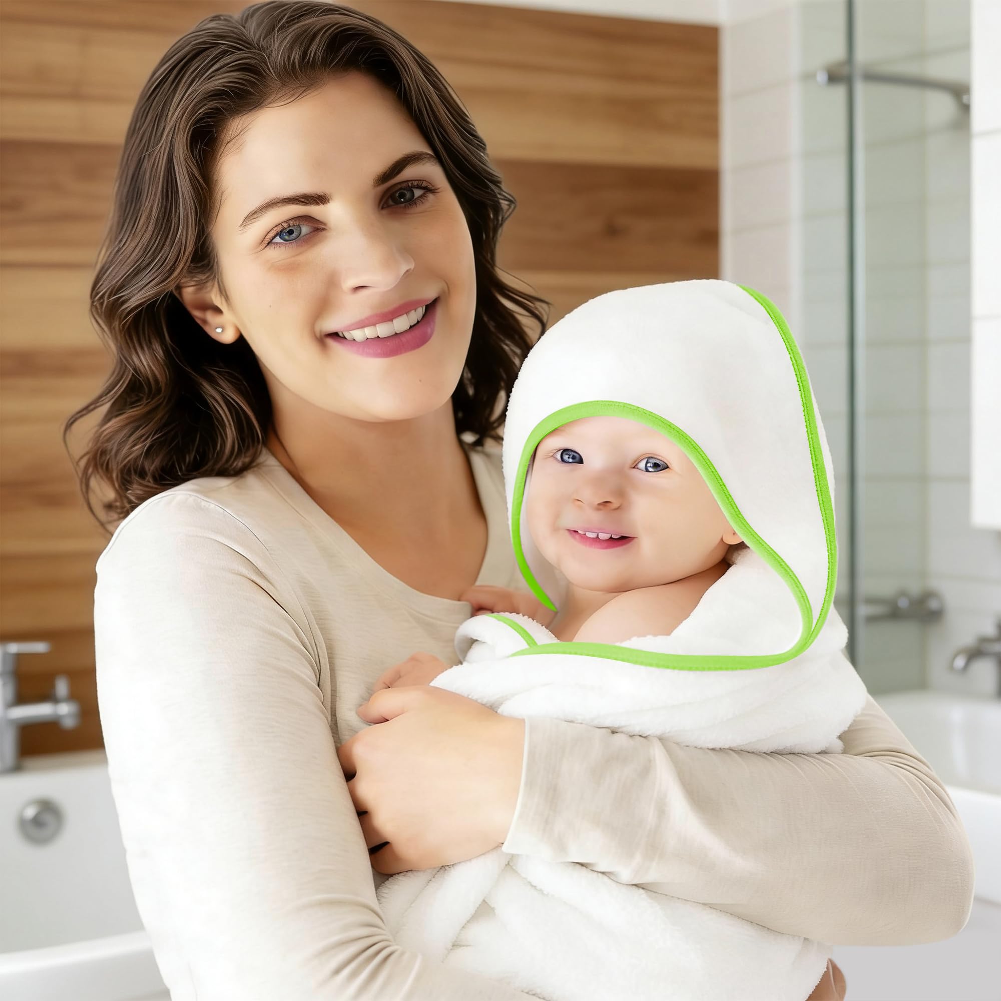 Lot de 2 serviettes de bain pour bébé – Rayonne en bambou – Serviettes à capuche ultra douces pour enfants – Taille XL pour 0 à 7 ans (blanc et vert, 94,5 x 94,5 cm)