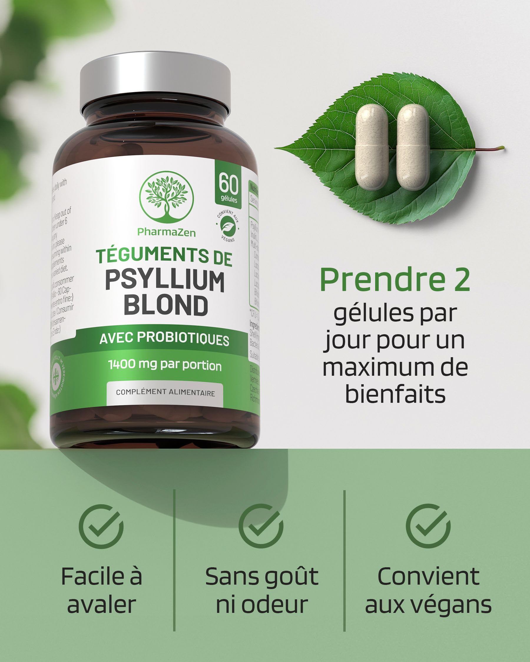 Psyllium Blond avec Probiotiques 1400 mg - Téguments purs à 99% - 60 gélules - Transit, Digestion, Fonction Intestinale - Fibres alimentaires avec Psyllium Husk & Complexe Probiotique 6 Milliards