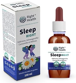 SLEEP RIGHT: Valériane, Ashwagandha, Camomille et Mélisse 100 ml gouttes. Complément pour le sommeil, le stress et l’anxiété. Relaxation naturelle sans gluten, lactose et alcool.