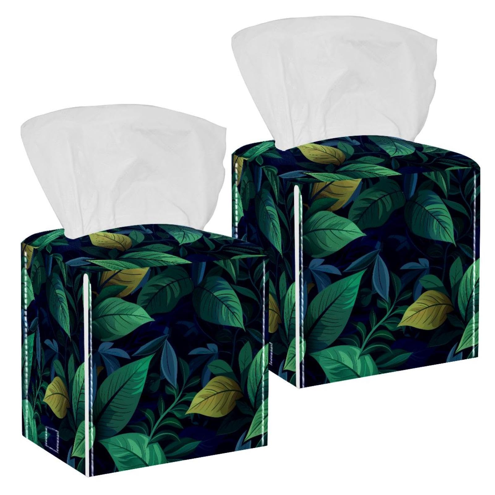 Artistic Leaves Tissue Box Cover, 2 Pack PU Leather Square Facial Tissue Dispenser Box holder for Home Office Car
