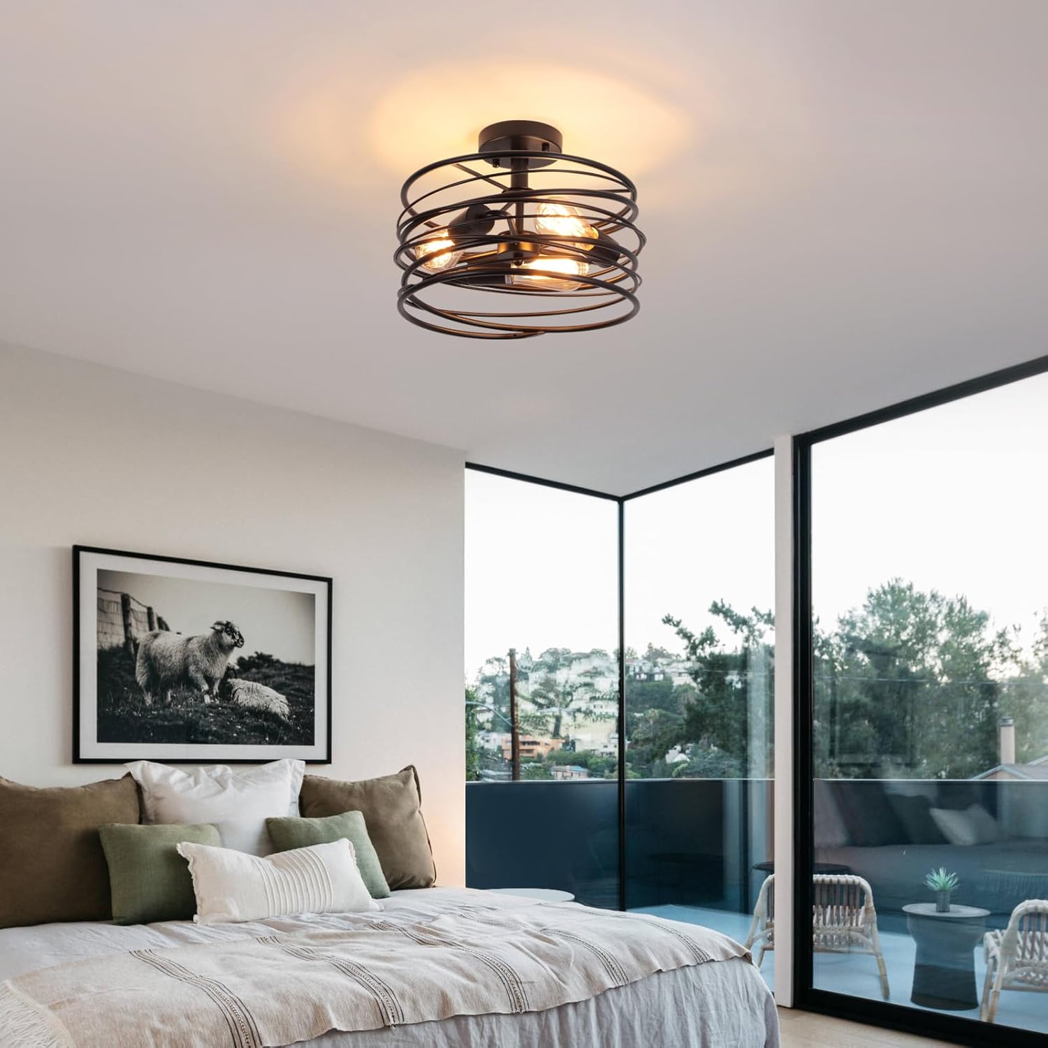 Black 3-Light Rustic Drum Semi Flush Ceiling Light Fixture, Retro Farmhouse Chandeliers Metal Cage for Dining Room, Industrial Pendant Light Fixture for Entryway Kitchen Foyer Bedroom