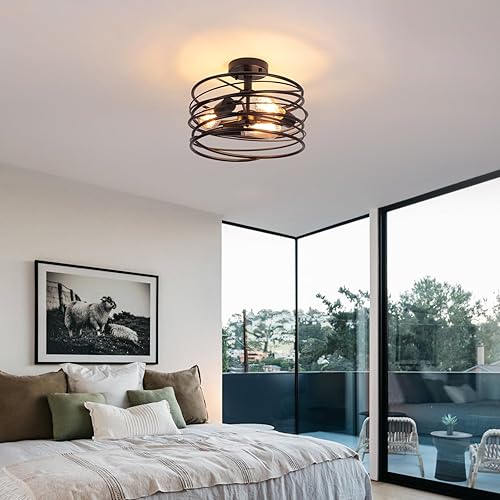 Miniatura 7 de Lámpara de techo semiempotrada de tambor rústico de 3 luces, estilo retro, jaula de metal para comedor, lámpara colgante industrial para entrada,