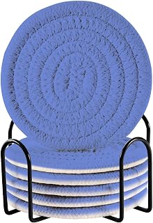 Royal Blue Drink Coasters, Handmade Cotton Absorbent Coaster Set of 6, Minimalist Home Decor for Coffee Table, Kitchen, Housewarming and Wedding Registry Ideas