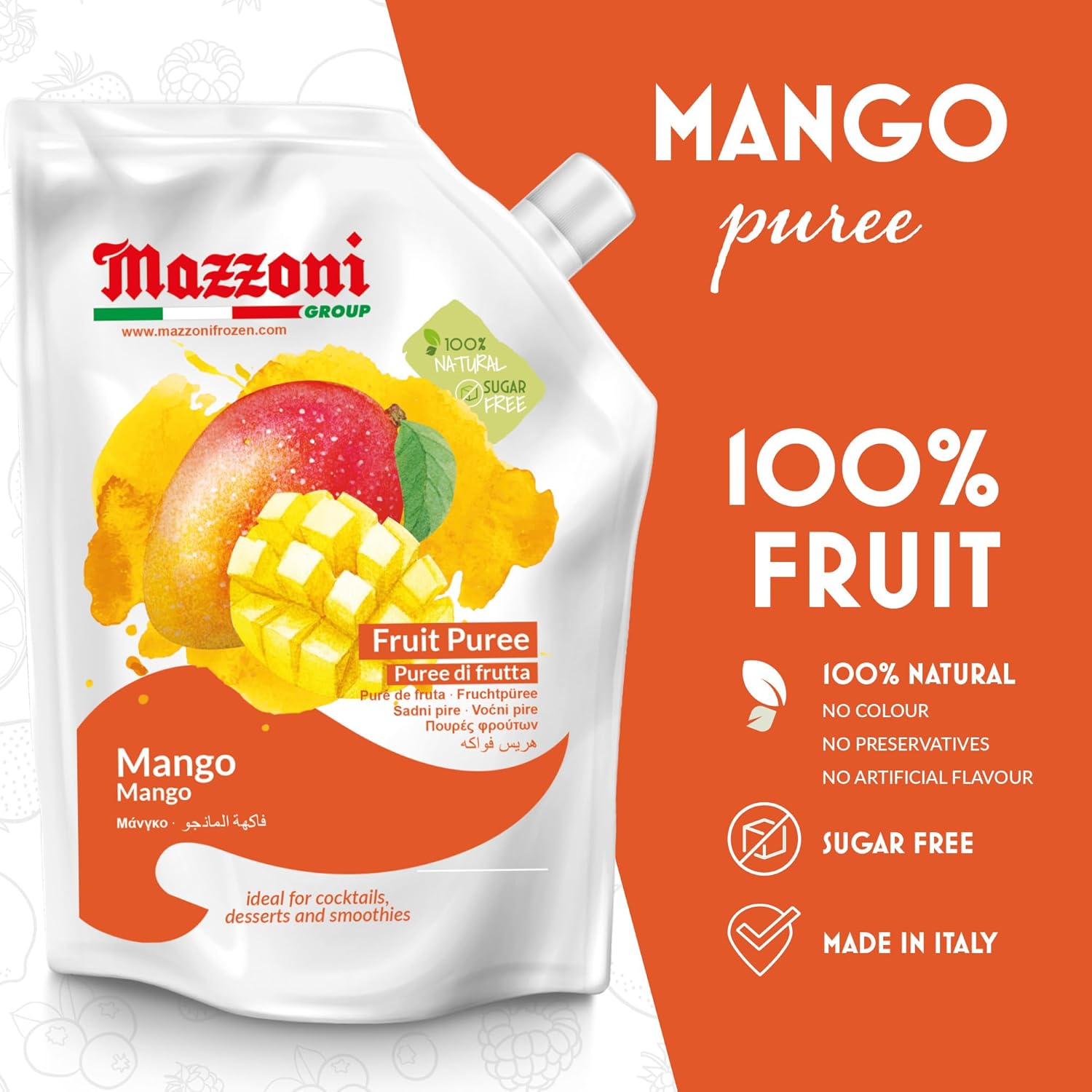 Mazzoni - Mango Puree, Juice, 100% Pure Mango Lassi, Just Fruit, Nectar, No Sugar Added, 2.2 lbs (35.2 oz) Real Fruit Mixer for Cocktails, Drinks, Smoothies, Convenient Pouch, Made in Italy