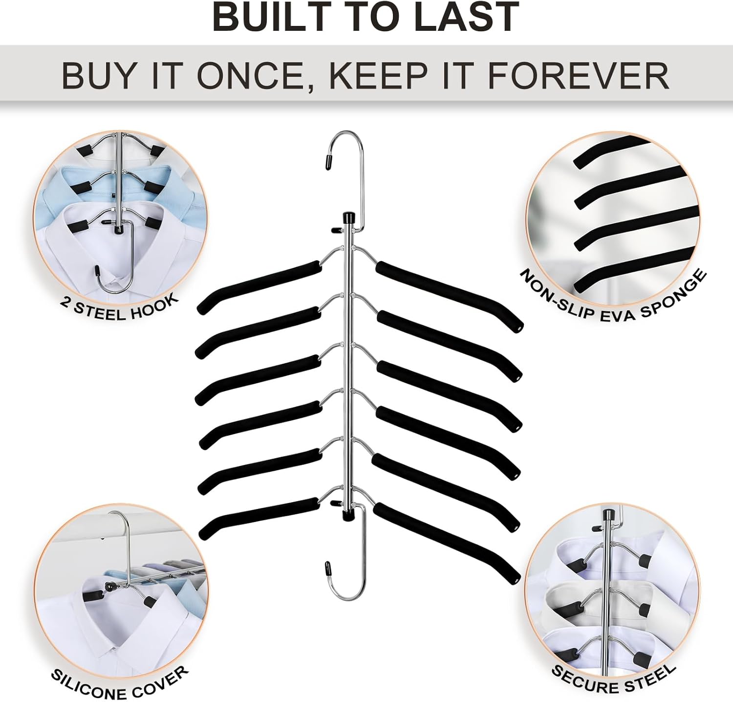 TOPIA HANGER Clothes Hanger Space Saving, 6 Tier Shirt Coat Hangers Space Saving No Bump Shoulder Hangers with No Slip Foam Padded Hangers Closet Organizers and Storage for Men and Women 2 Pack-CT64B - Image 5