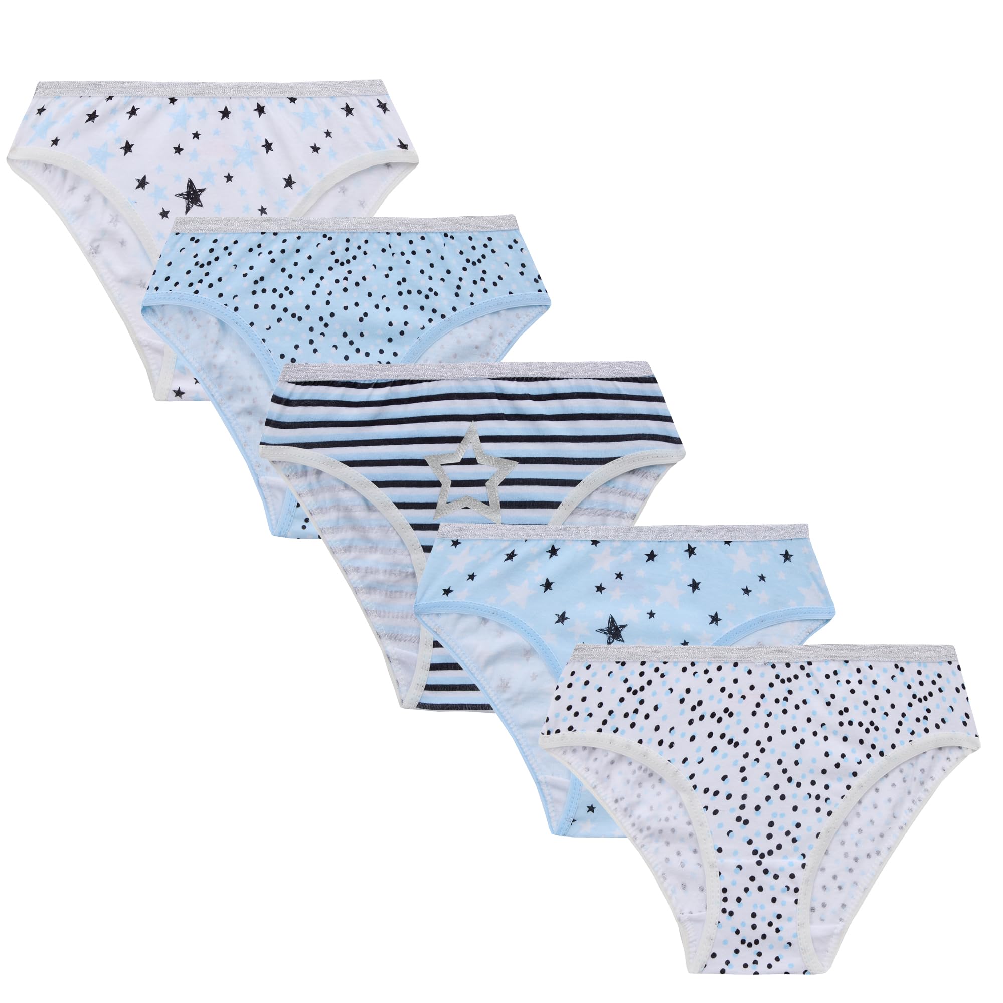 Metzuyan Girls Stars - 5 Pairs Ws-Ss25 Kids 5 Pairs Briefs Underwear 100% Novelty Multipack Blue Stars 5-6 Years