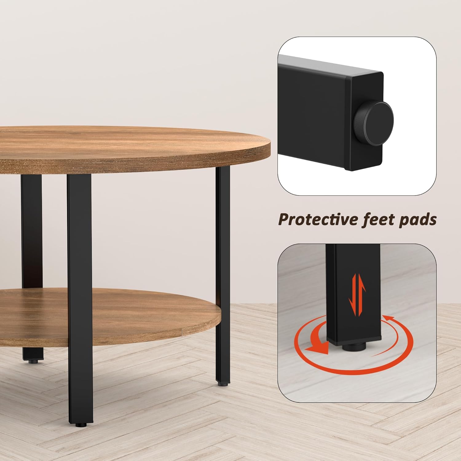 Round Coffee Tables for Living Room, Coffee Table with Wooden Surface Top & Sturdy Metal Legs, 2-Tier Storage Shelf Center Table for Bedroom, Home Office (Rustic Oak, 1.5" Thick)