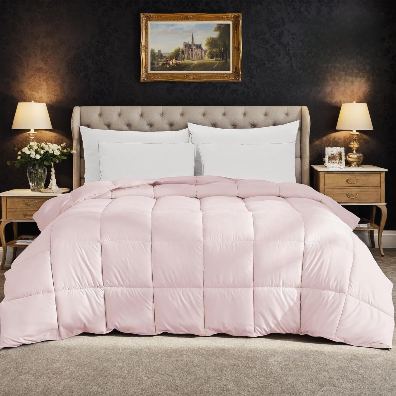 Pink Oversized King Comforter 120"x120" - Lightweight Down Alternative, All-Season, 8 Corner Tabs, Breathable Microfiber (Pink, Oversized King Plus(120"x128"))