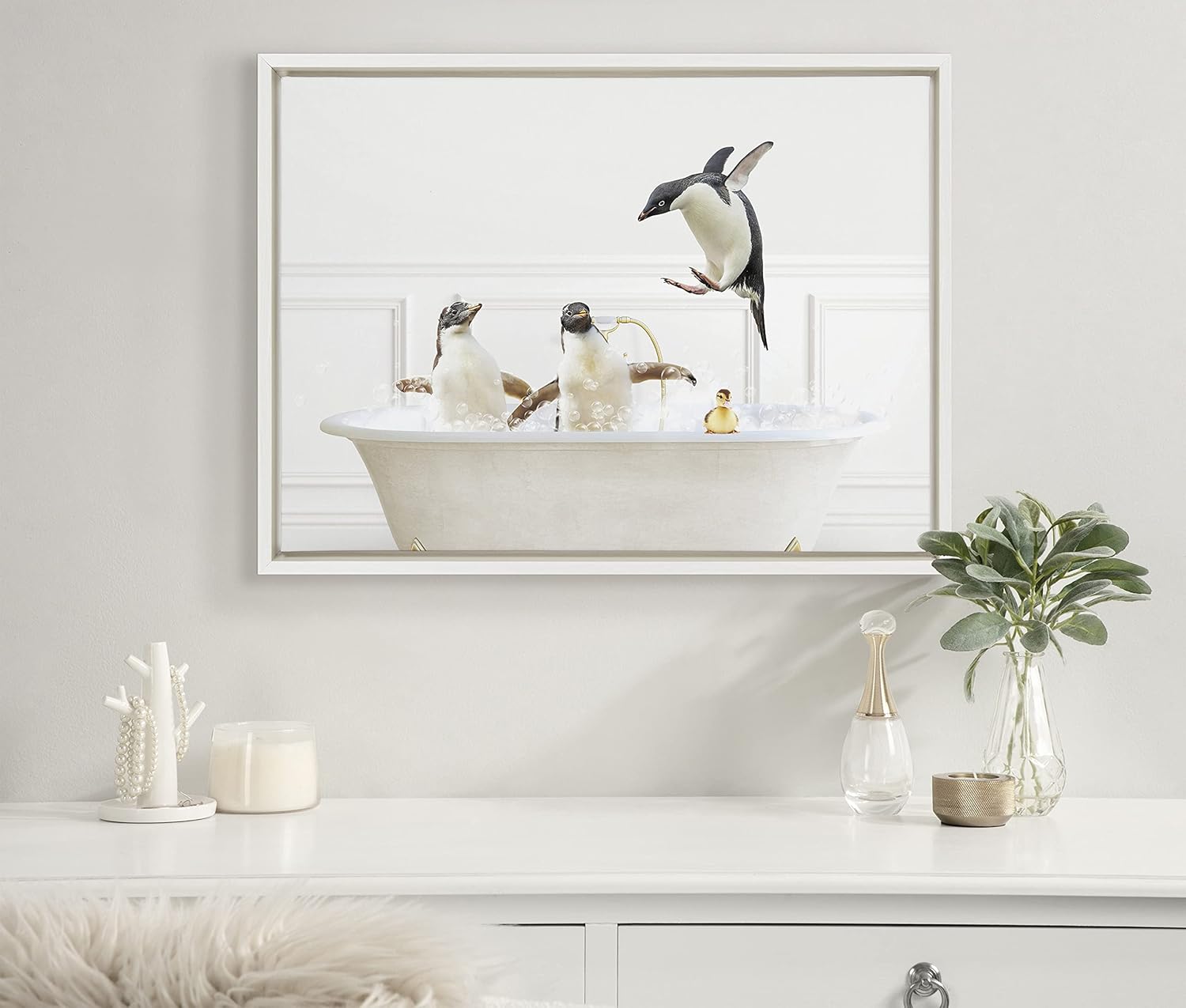 Kate and Laurel Sylvie Penguins In Bubble Bath Neutral Style Framed Canvas Wall Art by Amy Peterson Art Studio; 18x24 White; Adorable Animal Art for Wall Bathroom Wall Décor