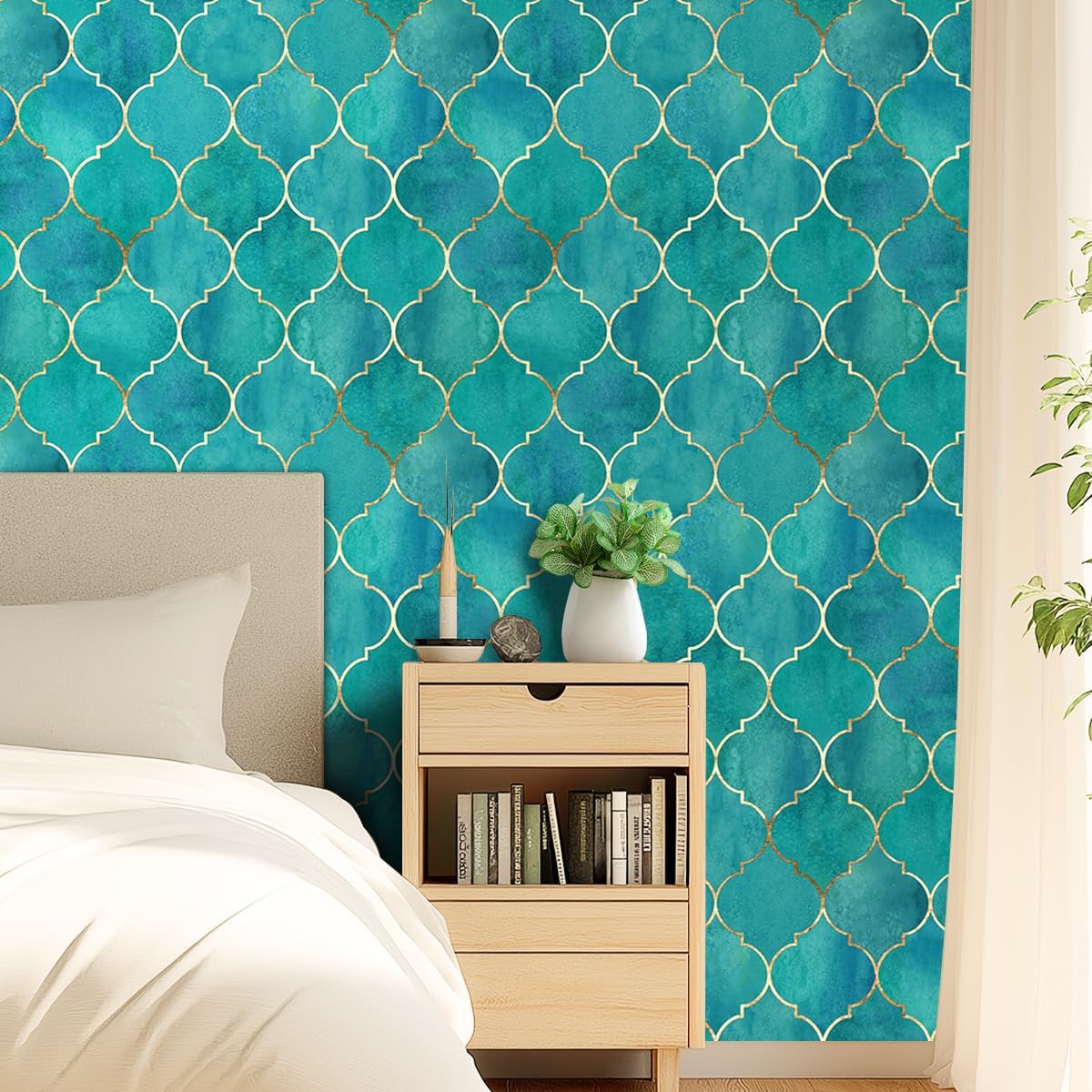 Blue Green Background with Gold Stroke Geometric Pattern Wallpaper Peel and Stick Wall Paper 17.71"x118.1" Vinyl Removable Self-Adhesive Contact Paper for Cabinet Countertops Corridors