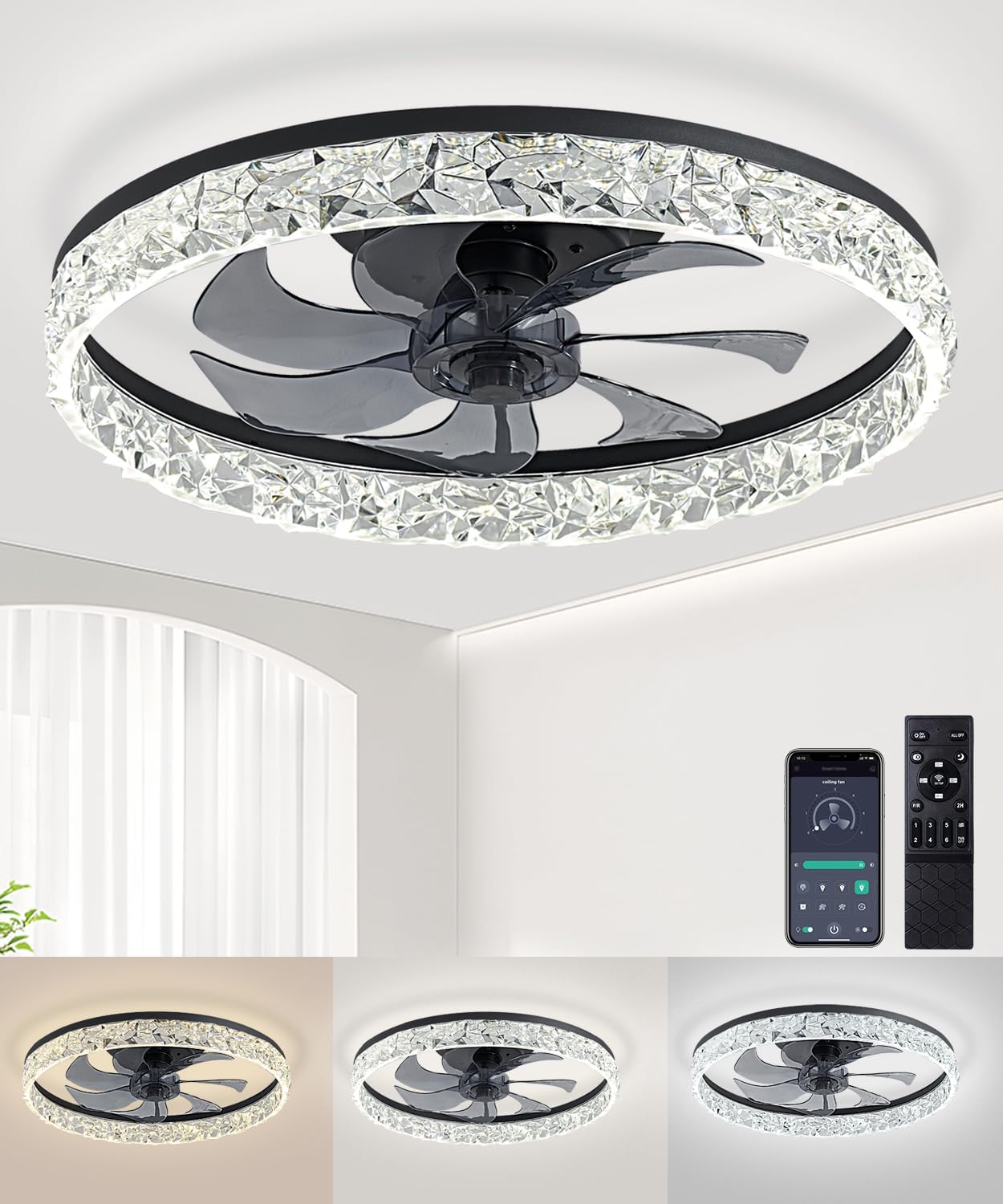 Ceiling Fans with Lights and Remote, 19.7" Low Profile Ceiling Fan with Light, 3000-6500K Dimmable,Stepless Color Temperature Change and 6 Speeds for Bedroom, Kids Room and Living Room (Black)