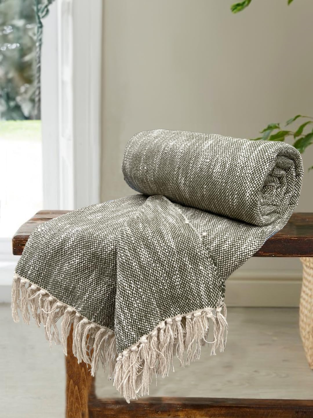 SAJAVAT HOME Hand-Knitted Pure Cotton Sofa Throw | Soft and Cozy Decorative Throw | 82x52 Inches / 208x132 Cms | Dark Green with Tassels | Reversible and Breathable (Pack of 1)