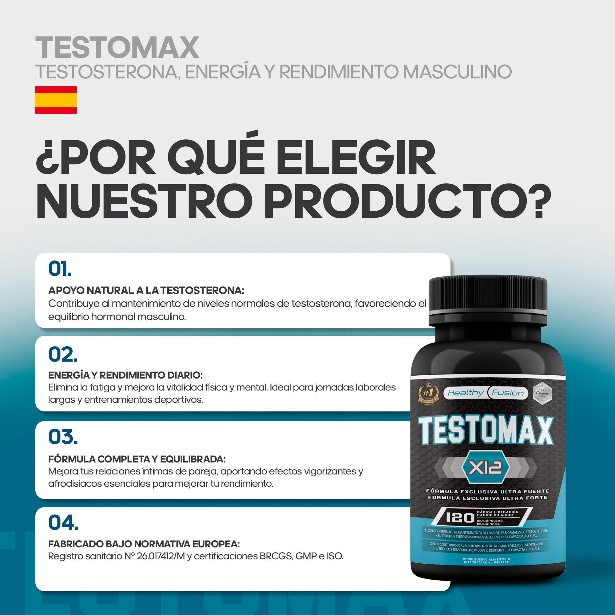 Healthy Fusion TestoMax | Booster de Testosterona Energizante | Maca, Ginseng, Tribulus, Taurina y Vitaminas | Aumenta la masa muscular | Acción quemagrasas y vigorizante | 120u
