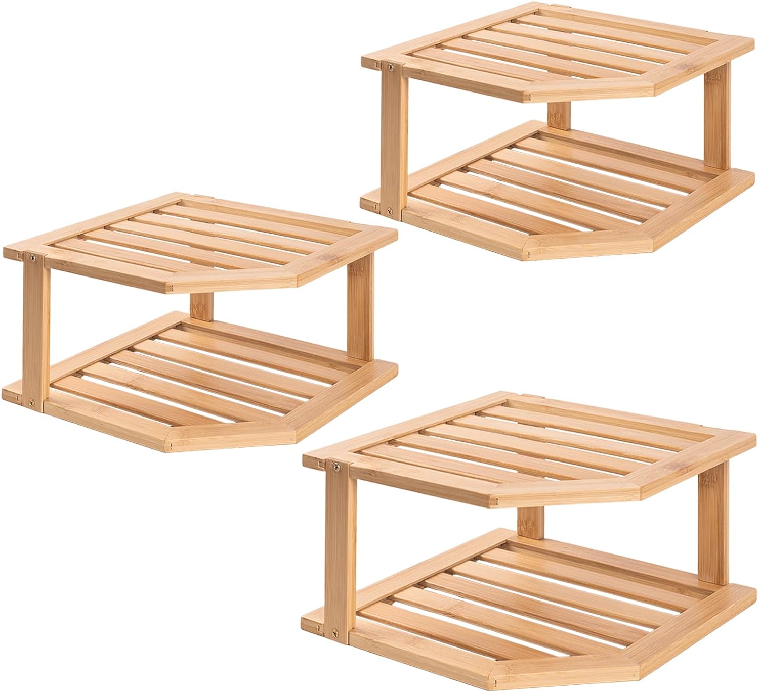 VERTORGAN Bamboo Corner Shelf(3 Pack),2 Tier Plate Organizer for Cabinet and Countertop,Pantry Dish and Spice Rack for Kitchen
