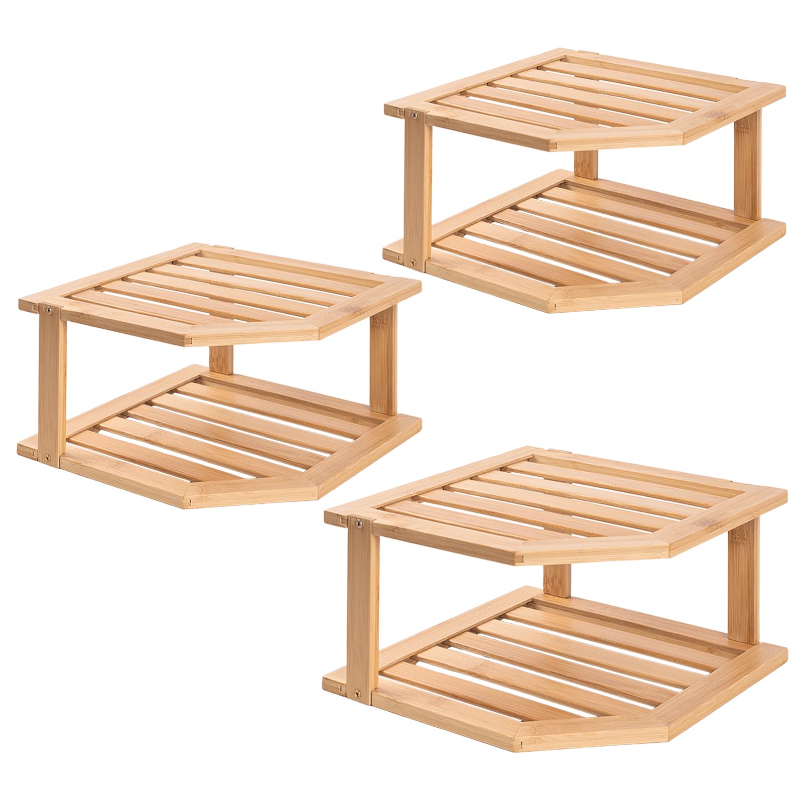 VERTORGAN Bamboo Corner Shelf(3 Pack),2 Tier Plate Organizer for Cabinet and Countertop,Pantry Dish and Spice Rack for Kitchen