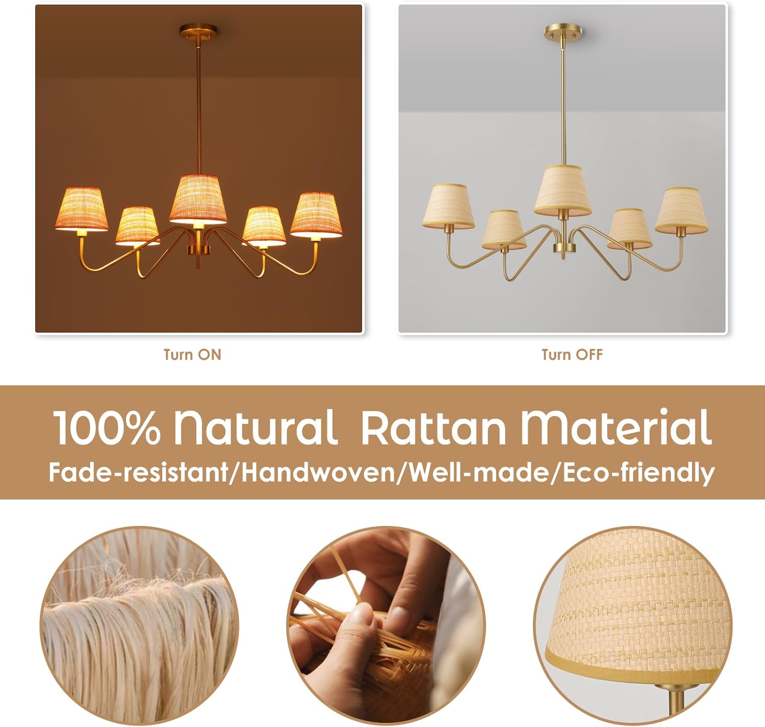34" Boho Rattan Chandelier, 5-Light Gold Modern Chandelier with Hand-Woven Wicker Shades, Elegant Coastal Pendant Lighting for Dining Room,Living Room