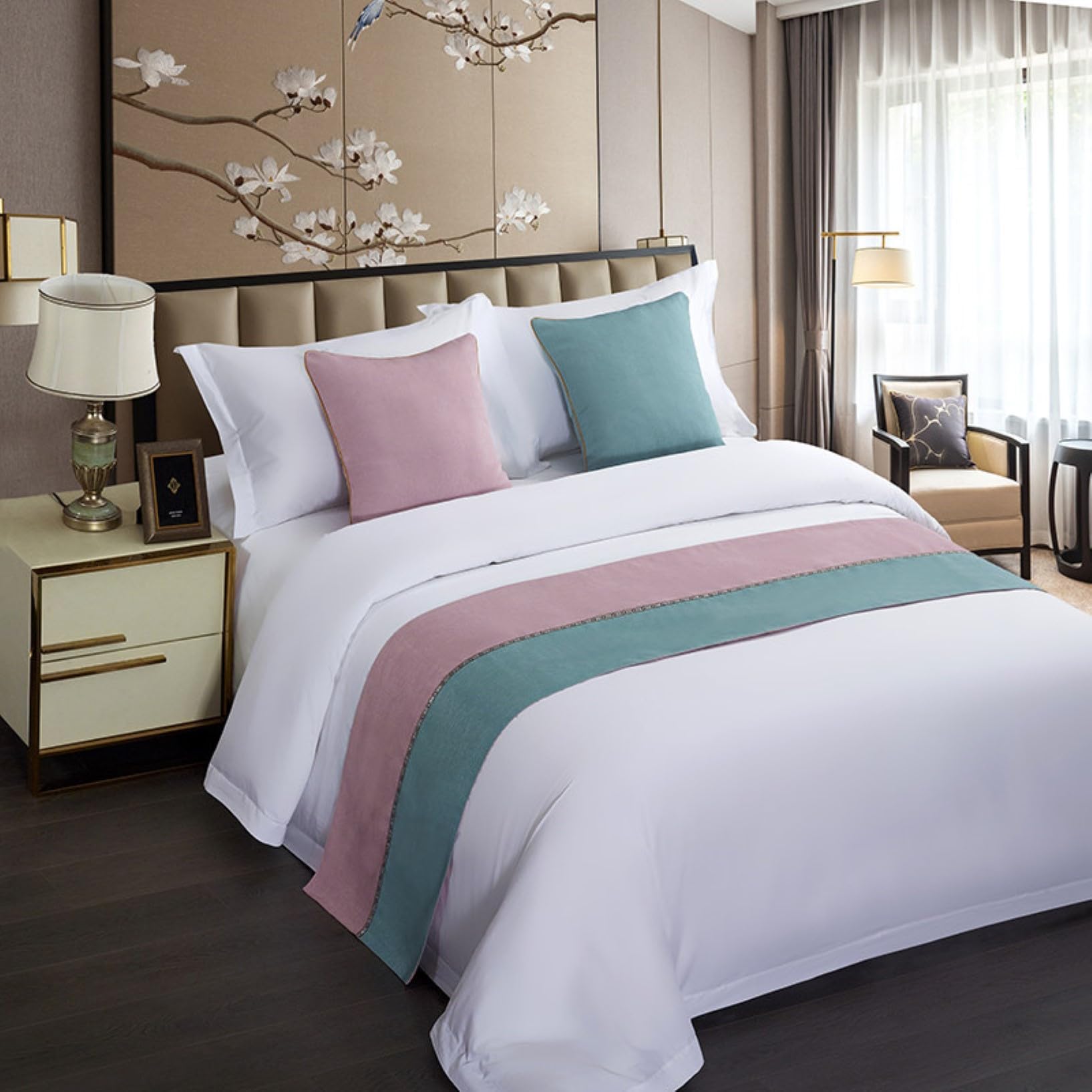 Corredor de cama de hotel 50 x 240 cm camino decorativo rosa y verde para dormitorio