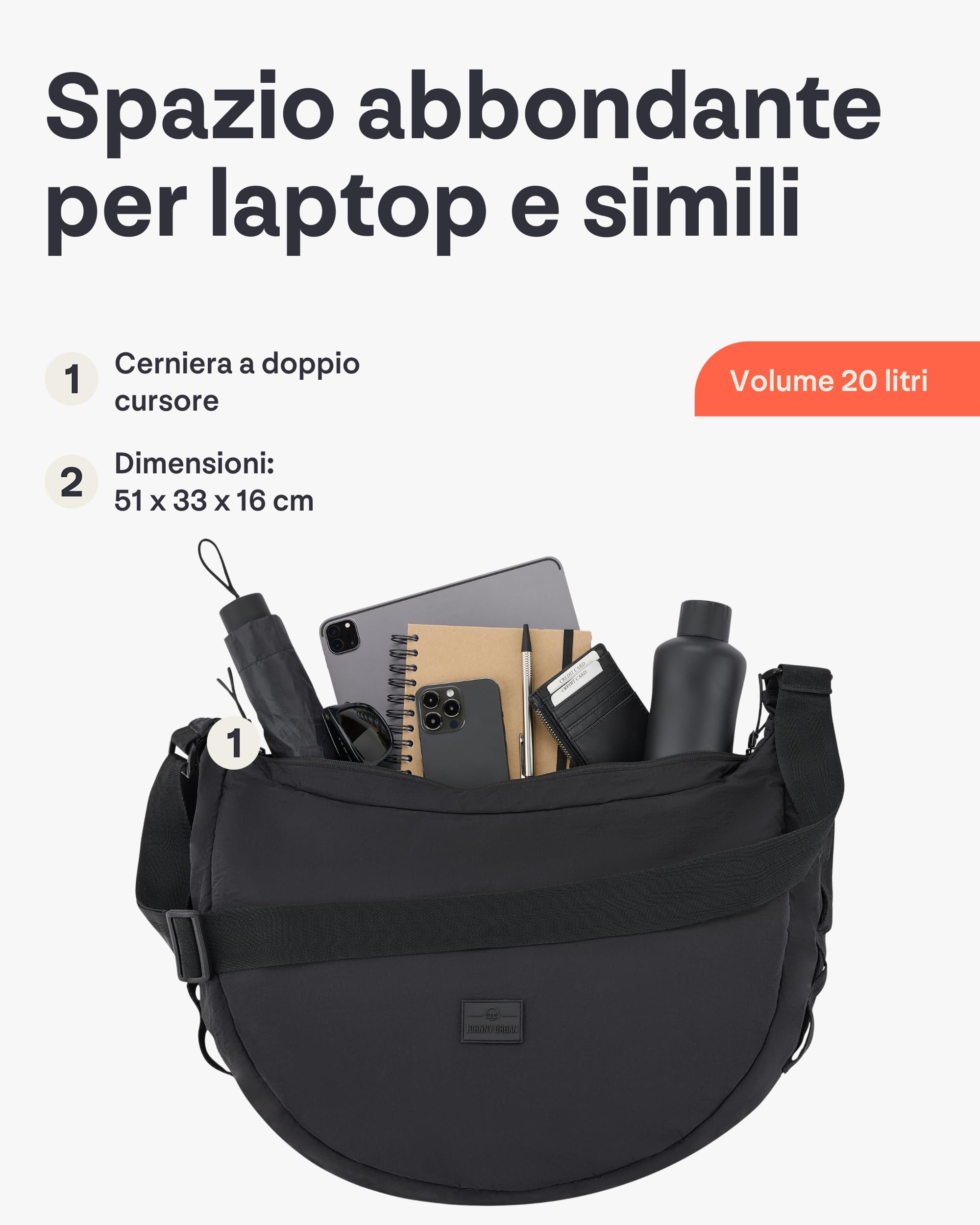 Johnny Urban Borsa a Tracolla Donna Uomo Nero - Kaia XL - Borsetta Mezzaluna - Nylon Puffer Moon Bag - Borse a Spalla Elegante e Casual - Regolabile Marsupio alla Moda - Impermeabile