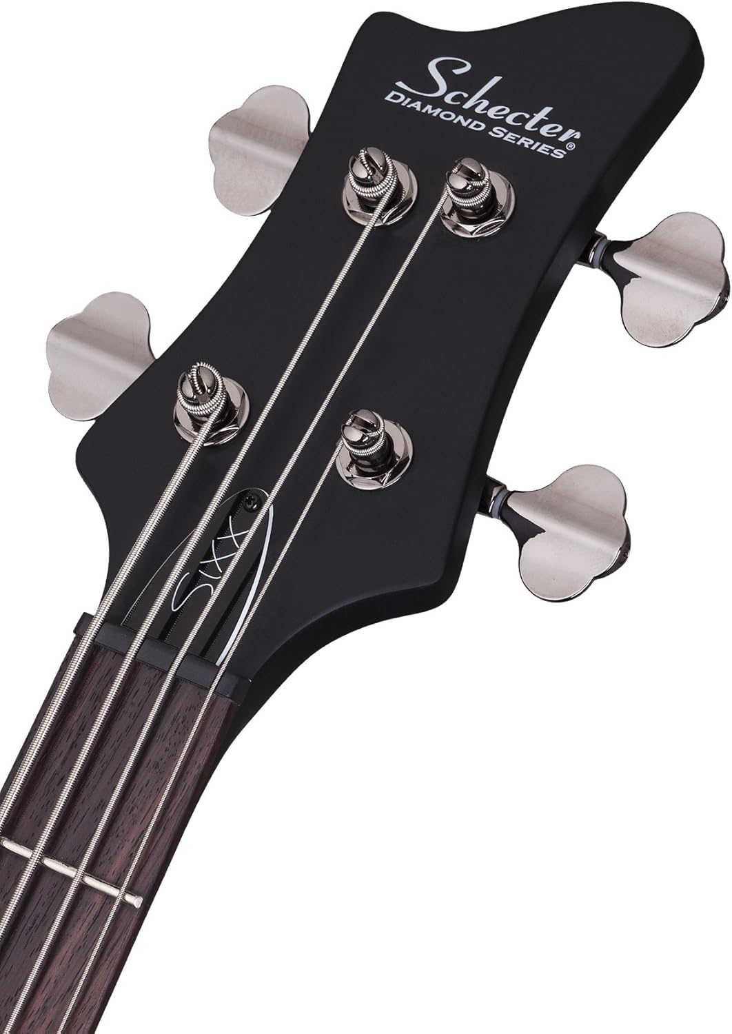 Close-up of the rosewood fretboard and maple/walnut neck of the Schecter Nikki Sixx Signature Bass.