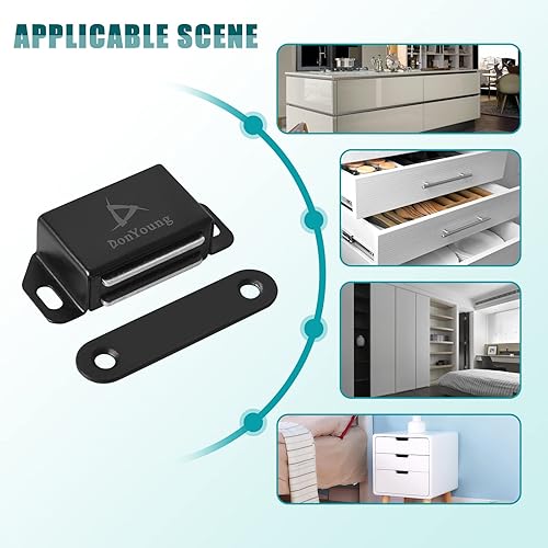 Miniatura 5 de Pestillo magnético para gabinete, cierre magnético negro para puerta de 20 libras, paquete de 8 tornillos de acero inoxidable para superficie