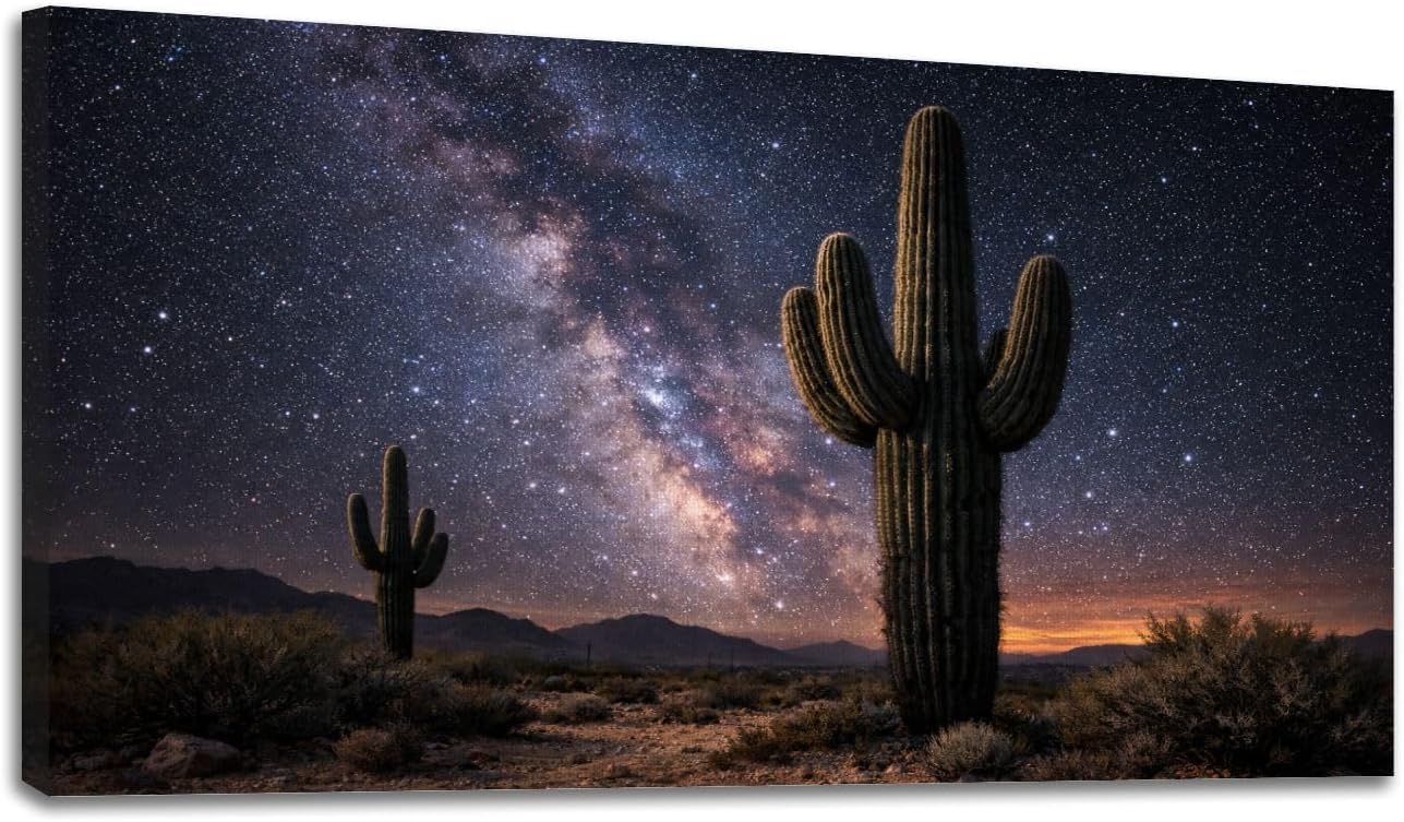 24"x 48" Canvas Wall Art Desert Night Landscape Saguaro Cactus Milky Way Sky Framed Pictures Painting Prints Large Wall Art for Living Room Bedroom Abstract Home Wall Decor Artwork