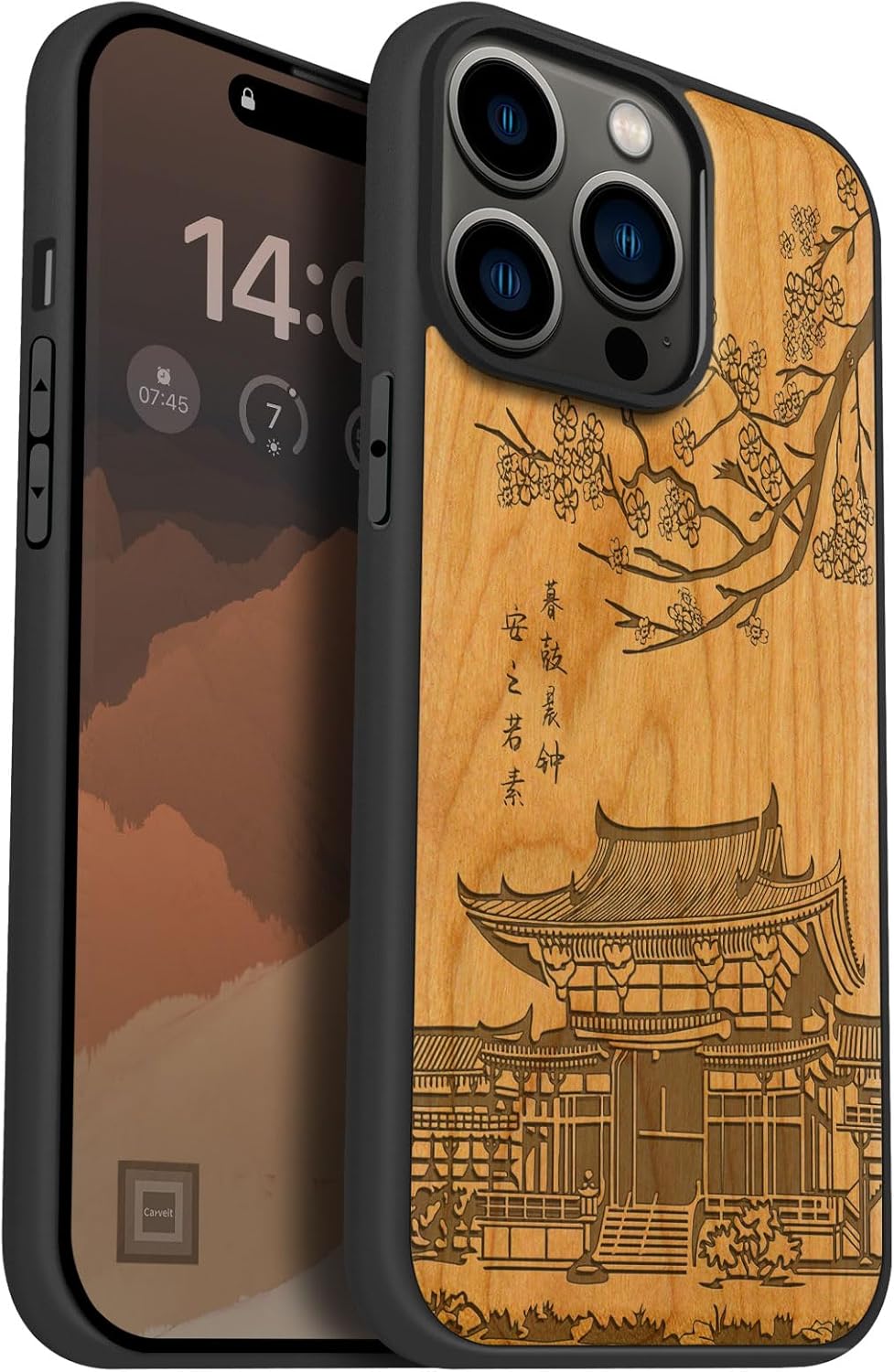Carveit Magnetic Wood Case for iPhone 14 Pro Max [Natural Wood & Black Soft TPU] Unique & Classy Wooden Shockproof Protective Cover Compatible with magsafe (Traditional Temple -Cherry)