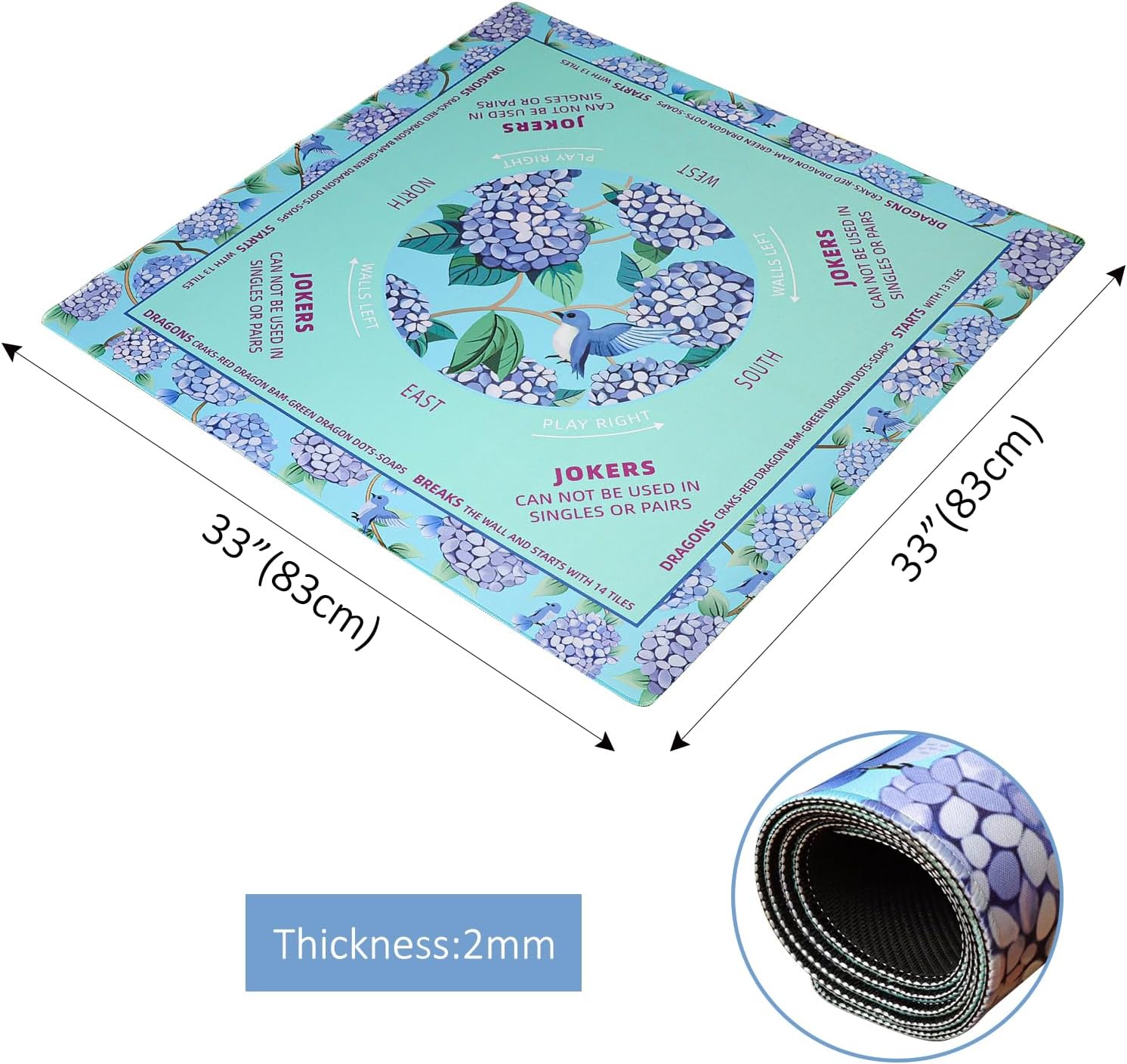 Green Mahjong Learning Mat (33” x 33”) with Black Carrying Bag, Anti-Slip, Noise-Reducing Mahjong Mat for Table, Board Games, Tile Games and Cards