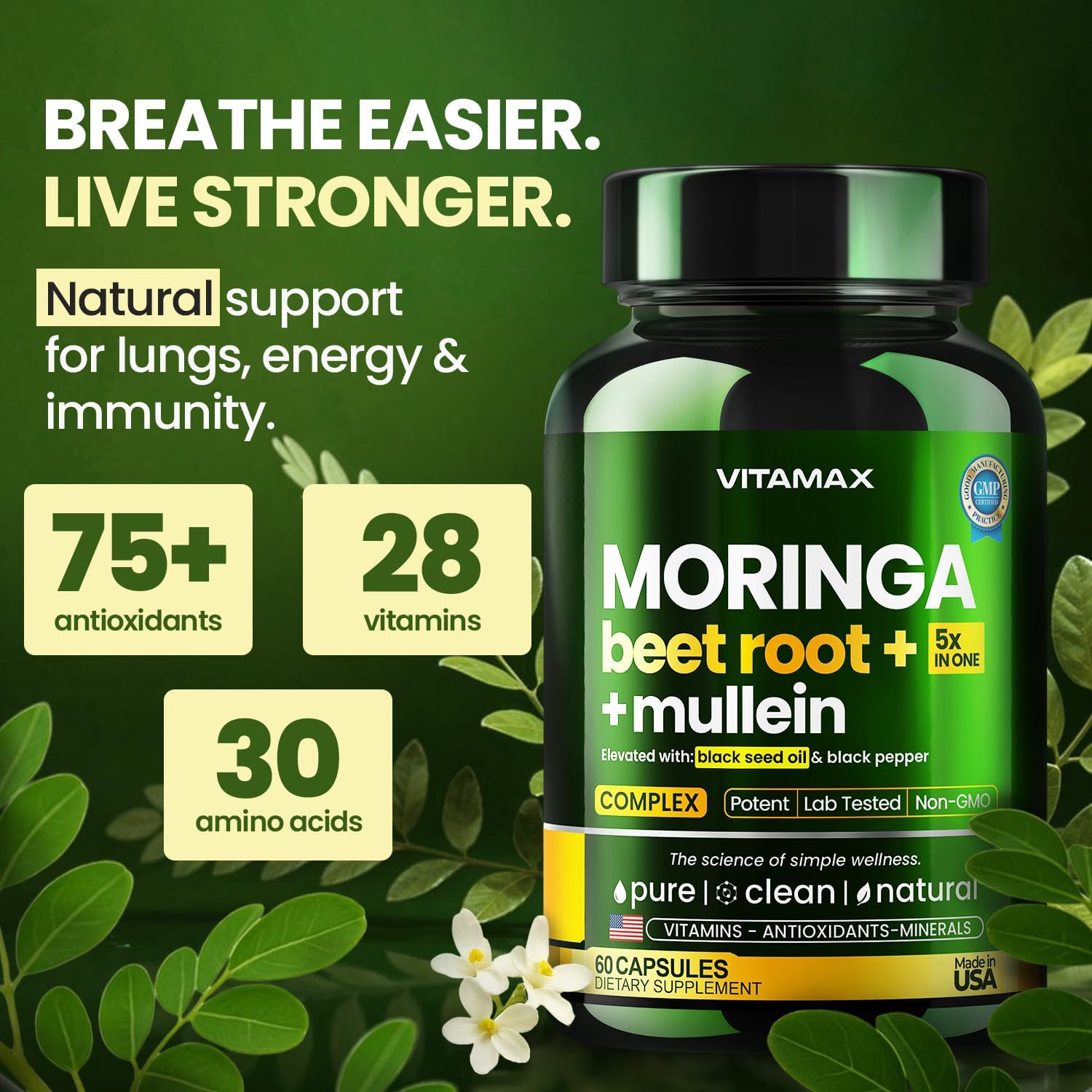 Moringa Capsules, Beet Root, Mullein Leaf - Energy, Skin, Immune Supplement Superfood, Rich in Antioxidants, Minerals & Essential Vitamins - High Absorption Non-GMO - Made in USA - 60ct - Image 3