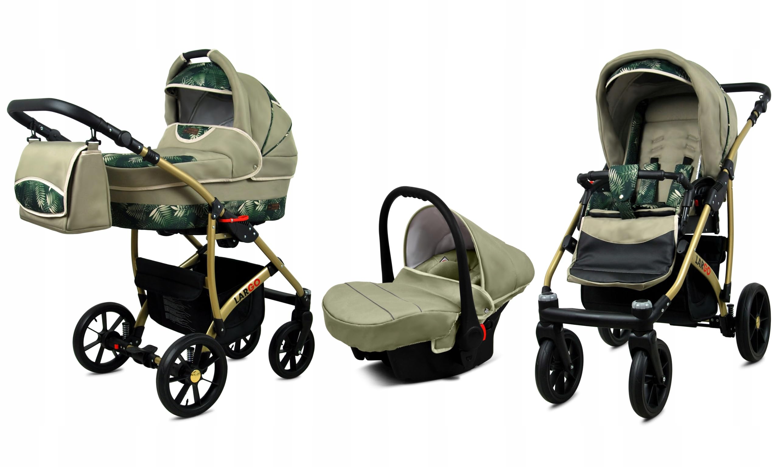 BabyLux® Wózek dziecięcy kompletny zestaw 3 w 1 - szeroki - w tym gondola dla niemowląt, wędka, fotelik samochodowy - system kombinowany dla niemowląt, z torbą do przewijania, osłoną przeciwdeszczową