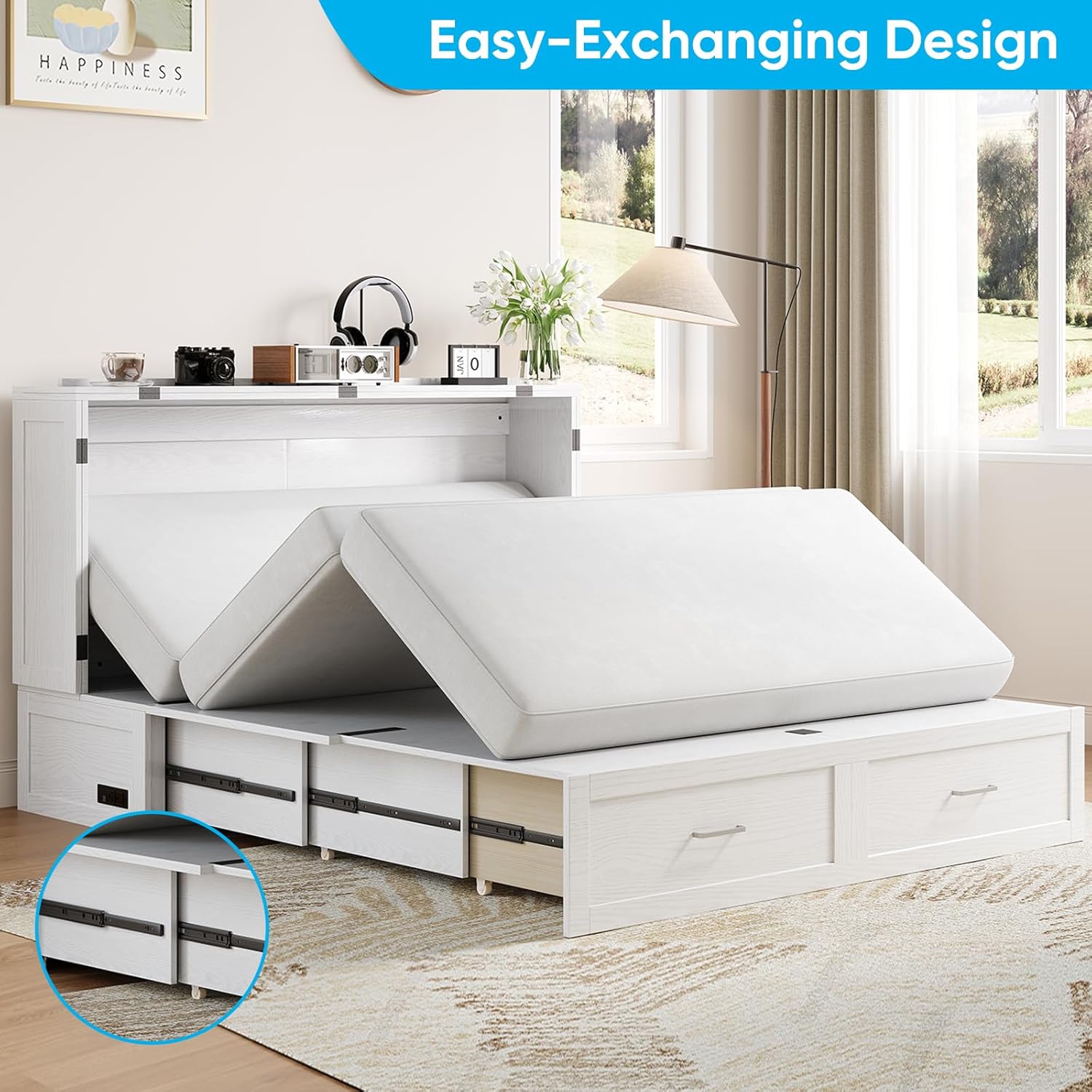 Mjkone 64" Width Queen Size Murphy Bed Cabinet with USB Charging Station, Guest Cabinets Bed with Large Drawers, Cube Cabinet Chest Beds for Bedroom, Home Office, Mattress Not Included, White