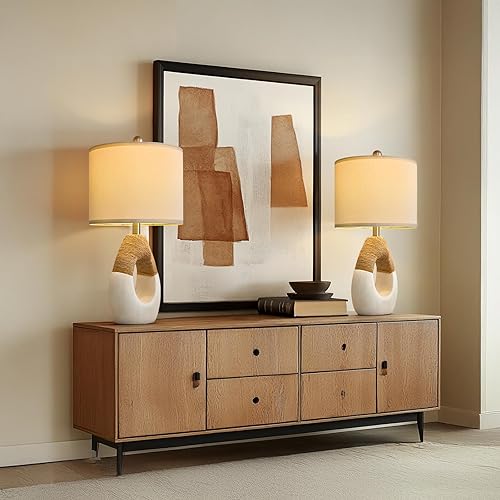 Miniatura 6 de OYEARS Lámparas de mesa bohemias de 22 pulgadas para dormitorio, sala de estar, juego mejorado de 2 lámparas de mesa de ratán medianas de granja,