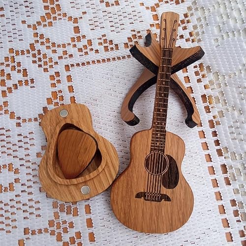 Miniatura 5 de EZGHAR Caja de púas de madera para guitarra acústica con soporte, caja de guitarra personalizada para púas, caja de púas de guitarra de madera con