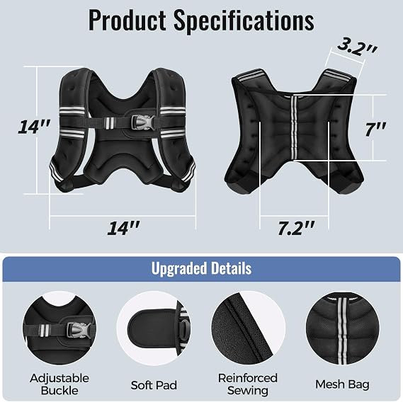 Zeerun Weighted Vest, 6lb/8lb/10lb/12lb/15lb/18lb/20lb/24lb/30lb for Men Women, Reflective Stripe Adjustable Buckle, Comfortable Durable Rucking Vest for Walking Running Strength Training