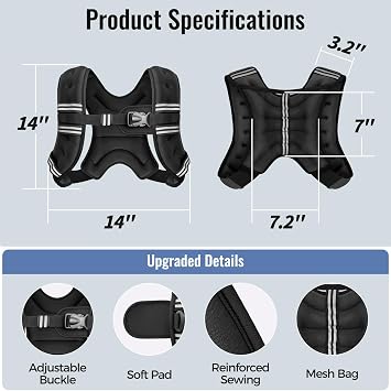 Zeerun Weighted Vest, 6lb/8lb/10lb/12lb/15lb/18lb/20lb/24lb/30lb for Men Women, Reflective Stripe Adjustable Buckle, Comfortable Durable Rucking Vest for Walking Running Strength Training