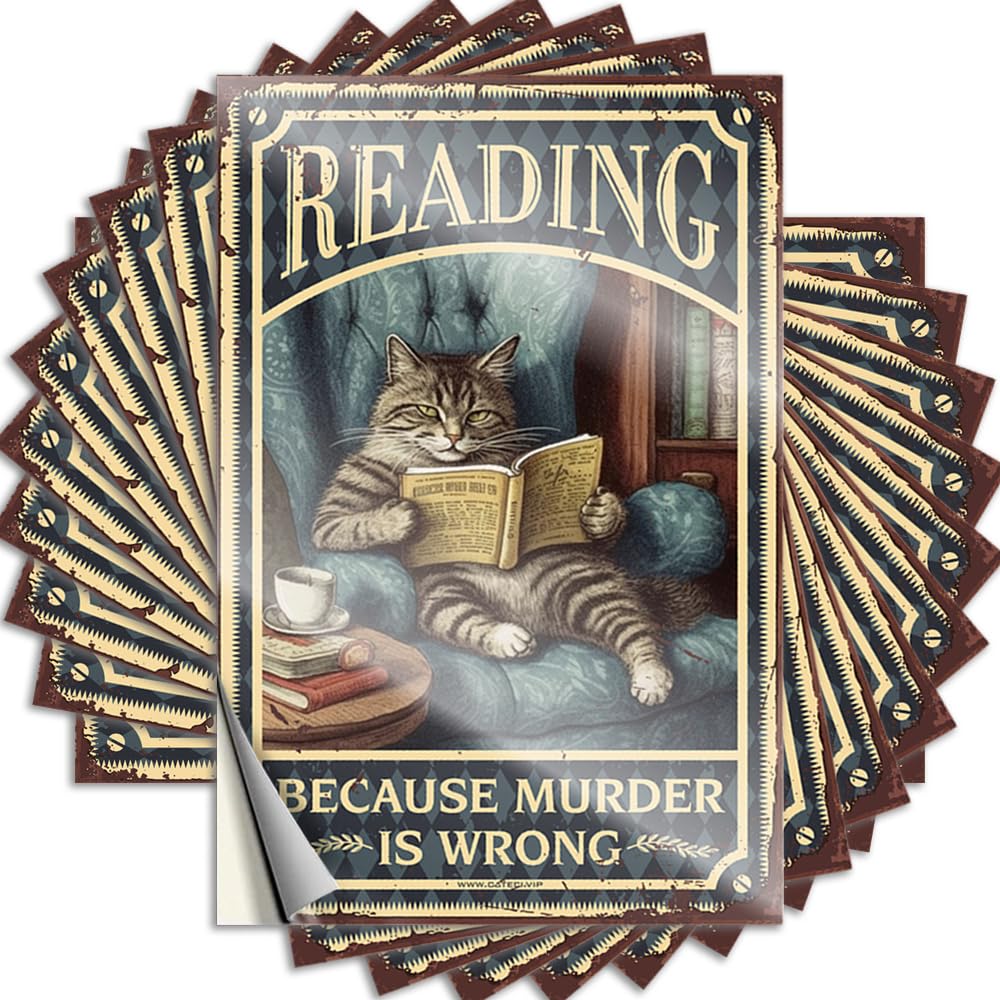 Cat Reading Because Murder is Wrong Summer Tattoo | Teenage Room Decor Waterproof Vinyl Bumper Comfort Removable Decal Peel Stick(8X12CM)
