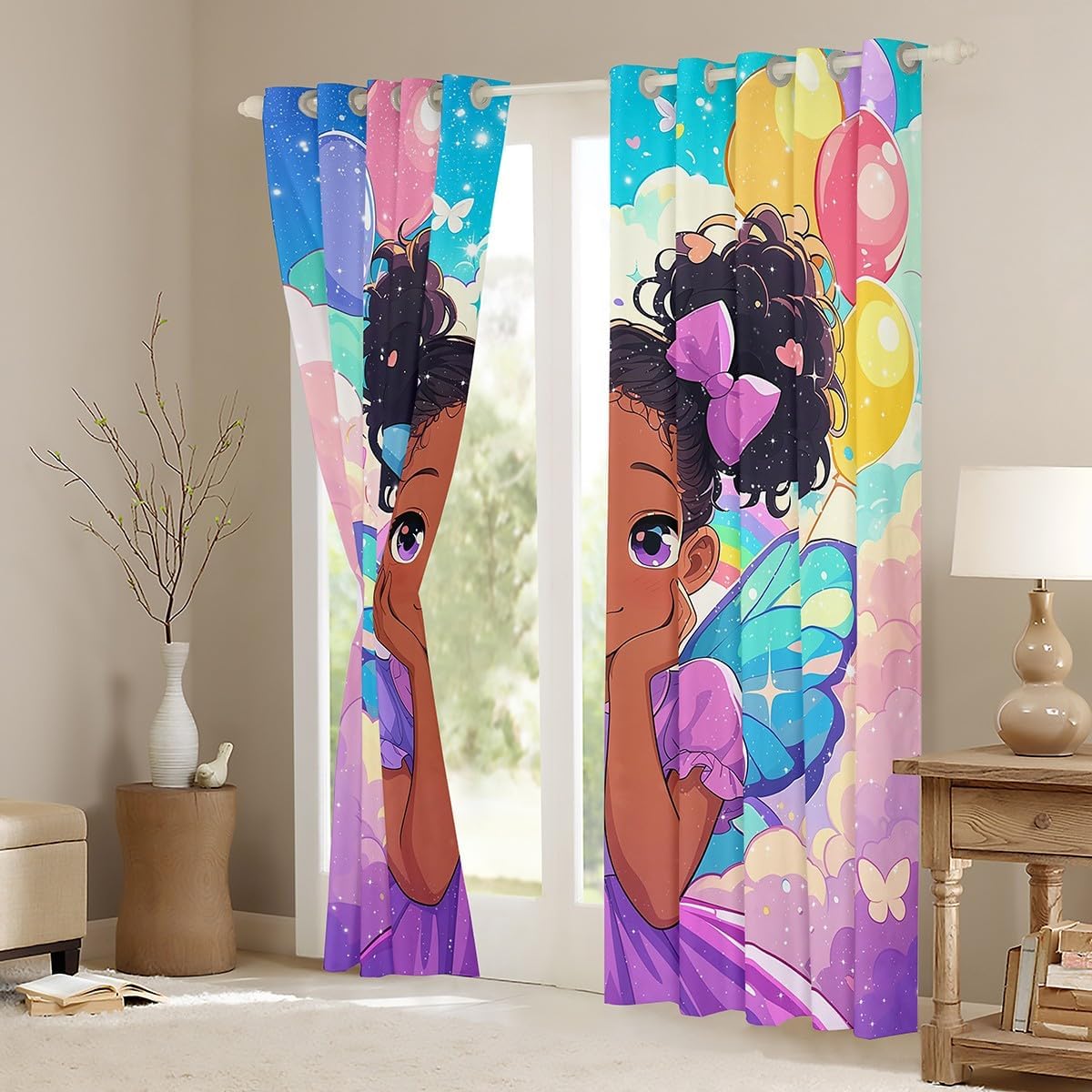 African Black Afro Girls Blackout Curtains,Princess Bowknot Tale Dreamy Window Drapes for Girls Women,Rainbow Cloud American Romantic Purple Window Treatments Grommet Top 2 Panel Set,42Wx90L inch