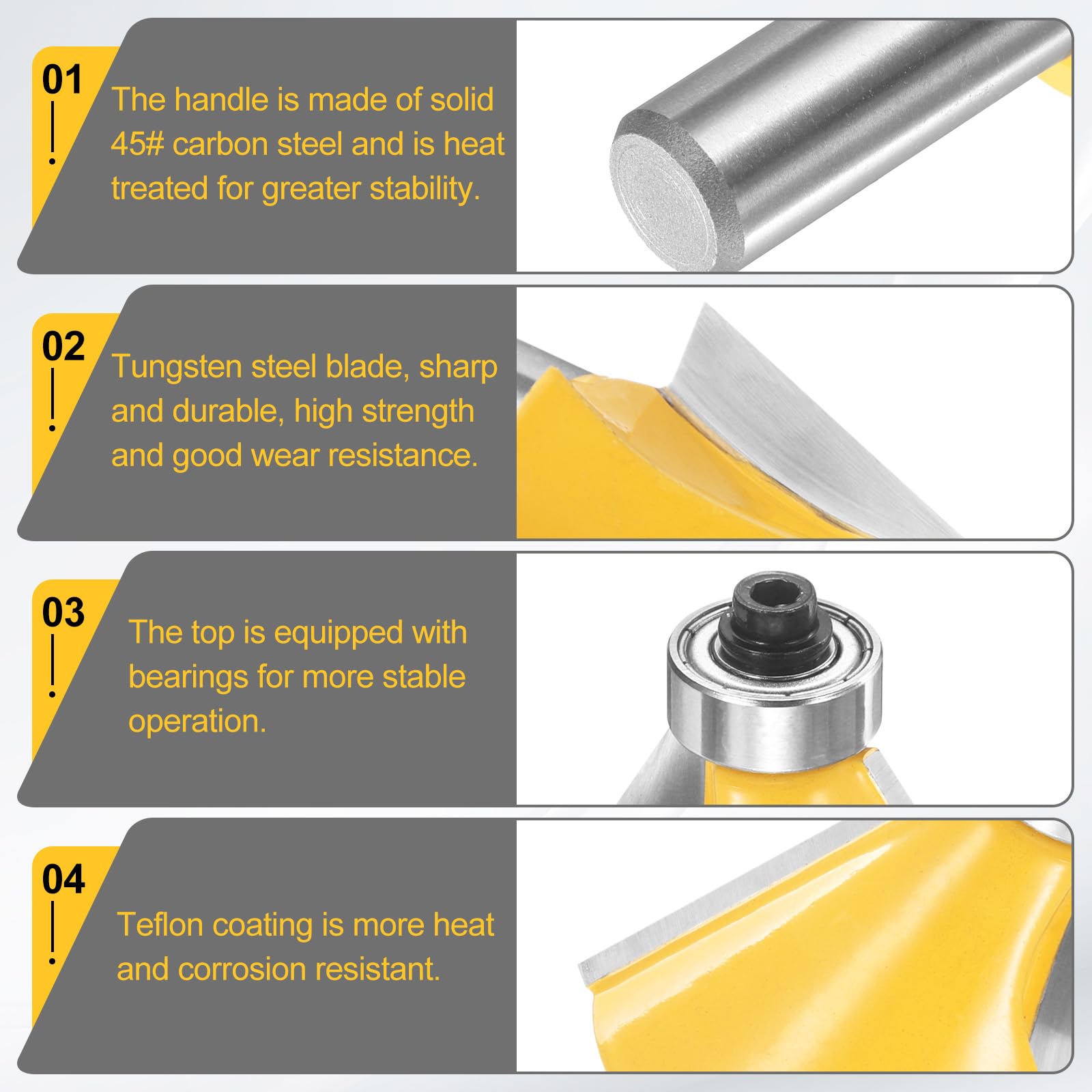 QUARKZMAN Zestaw 6 frezów do fazowania, trzpień 1/2 cala, 11,25, 15, 22,5, 30, 45, 60 stopni, frezy do drewna z twardego metalu, kolor żółty