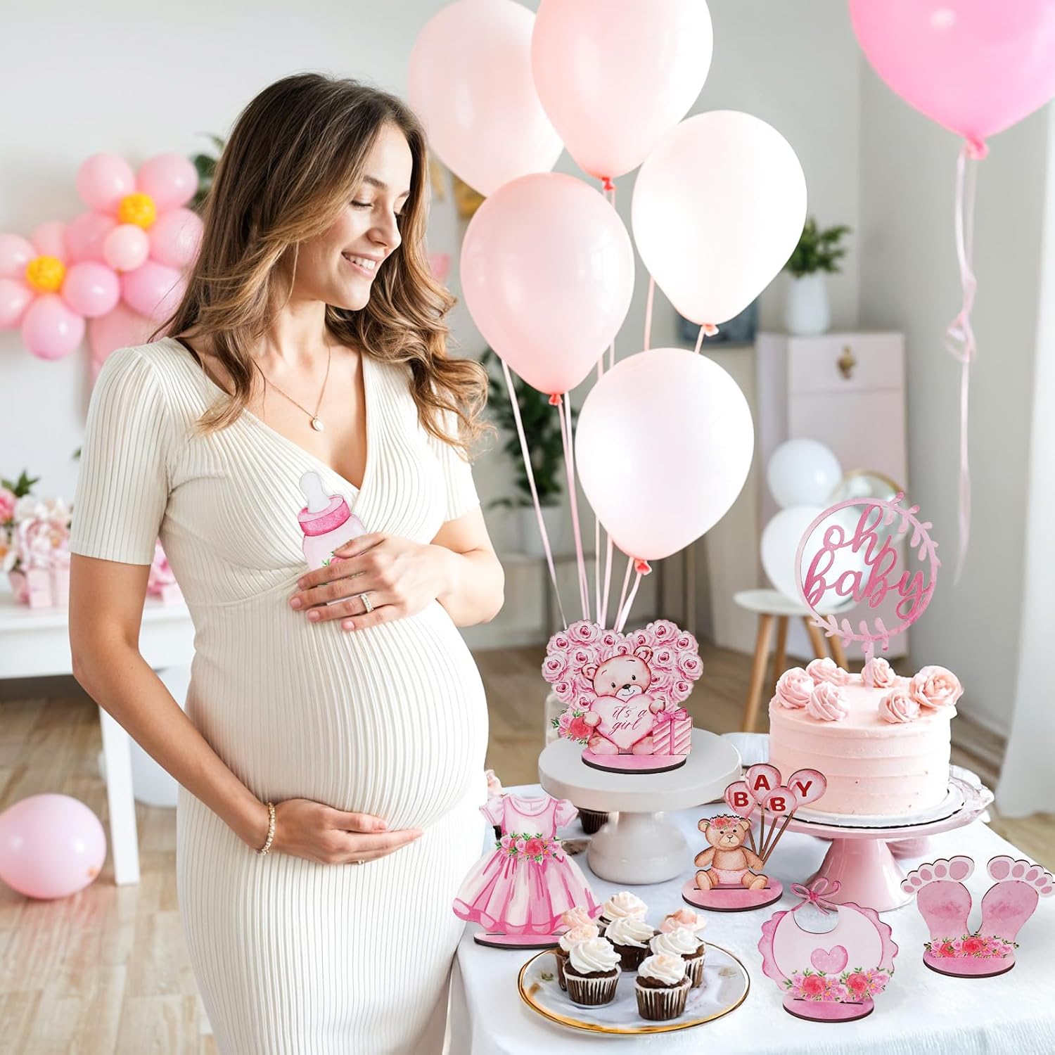 OurWarm 12 Pcs Pink Baby Girl Shower Decorations, Wooden Rose Gold Centerpieces, It's a Girl Gender Reveal Party Table Decorations