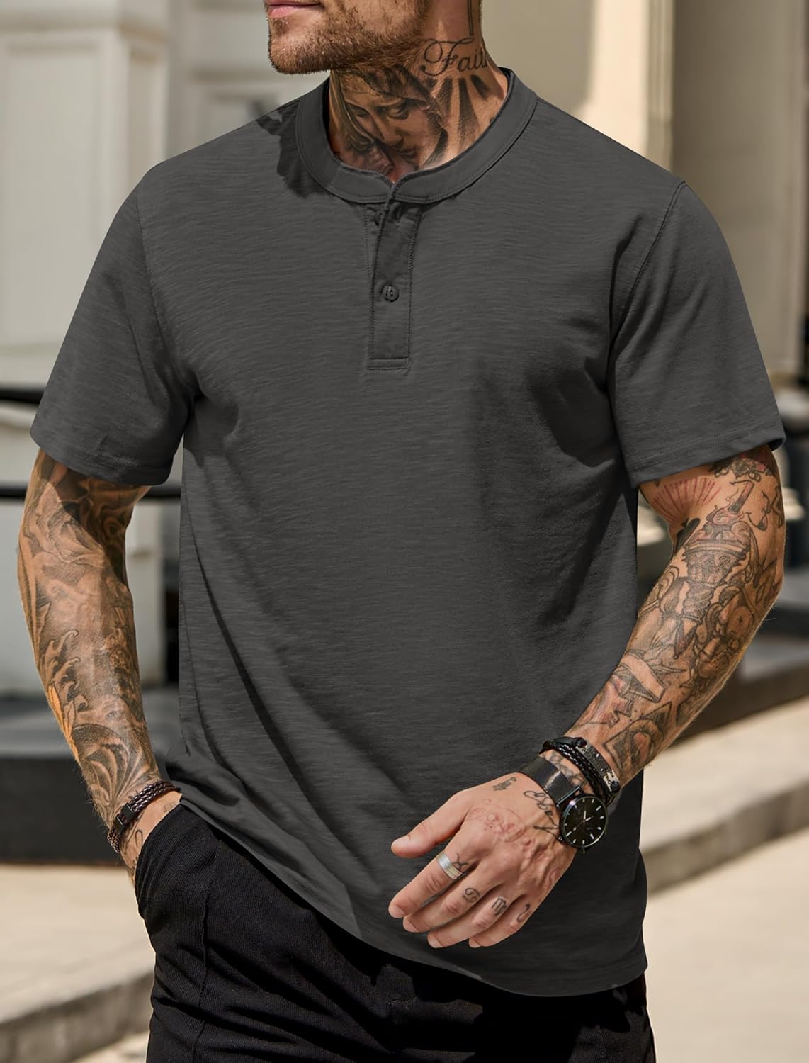 Mens Henley Shirts Casual Loose Fit Stretch Plain Short Sleeve T-Shirts (S-XXL) - Image 2