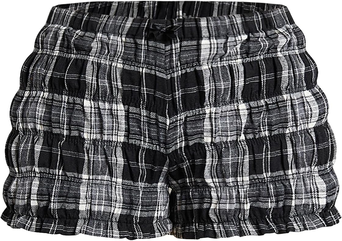 SOLY HUX Women's Ruffle Shorts Plaid Y2k Lace Bloomers Elastic Waist Frill Bottoms Gingham Micro Boyshorts