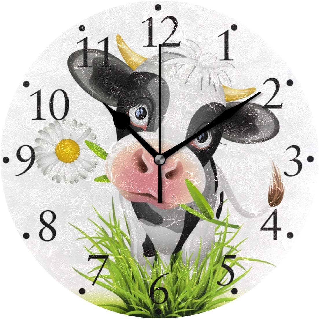 VIKKO Cute Holstein Cow Daisy Green Grass Wall Clock 9.8 inch Round Battery Operated Decorative Clock for Kitchen School Office