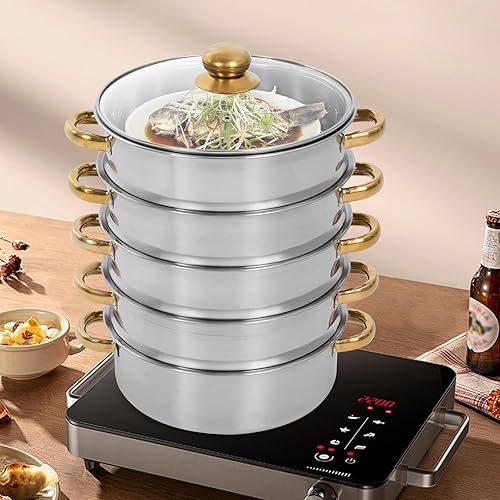 Miniatura 8 de Olla de vapor de acero inoxidable de fondo grueso, olla de vapor de 5 niveles para cocinar, olla vaporera de acero inoxidable 304 de grado