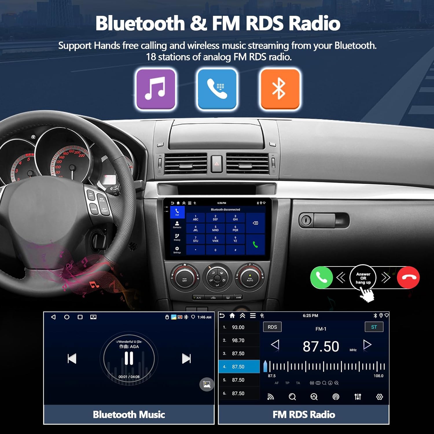 CAMECHO 4G+64G Car Radio Stereo for Mazda 3 2004-2009 Android 15 CarPlay Android Auto 9" InCell 1280 * 720 Touch Screen Head Unit with Bluetooth GPS WiFi FM RDS Backup Camera