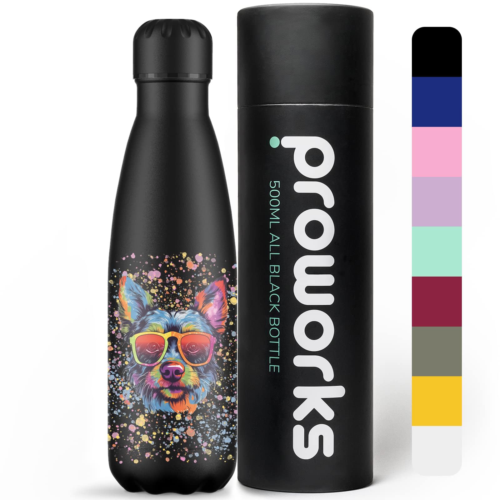 Proworks Botellas de Agua Deportivas de Acero Inoxidable Cantimplora Termo, Doble Aislamiento 12 Horas Caliente y 24 Horas Frío 500ml - Todo Salpicaduras de Pintura Negra - Perro