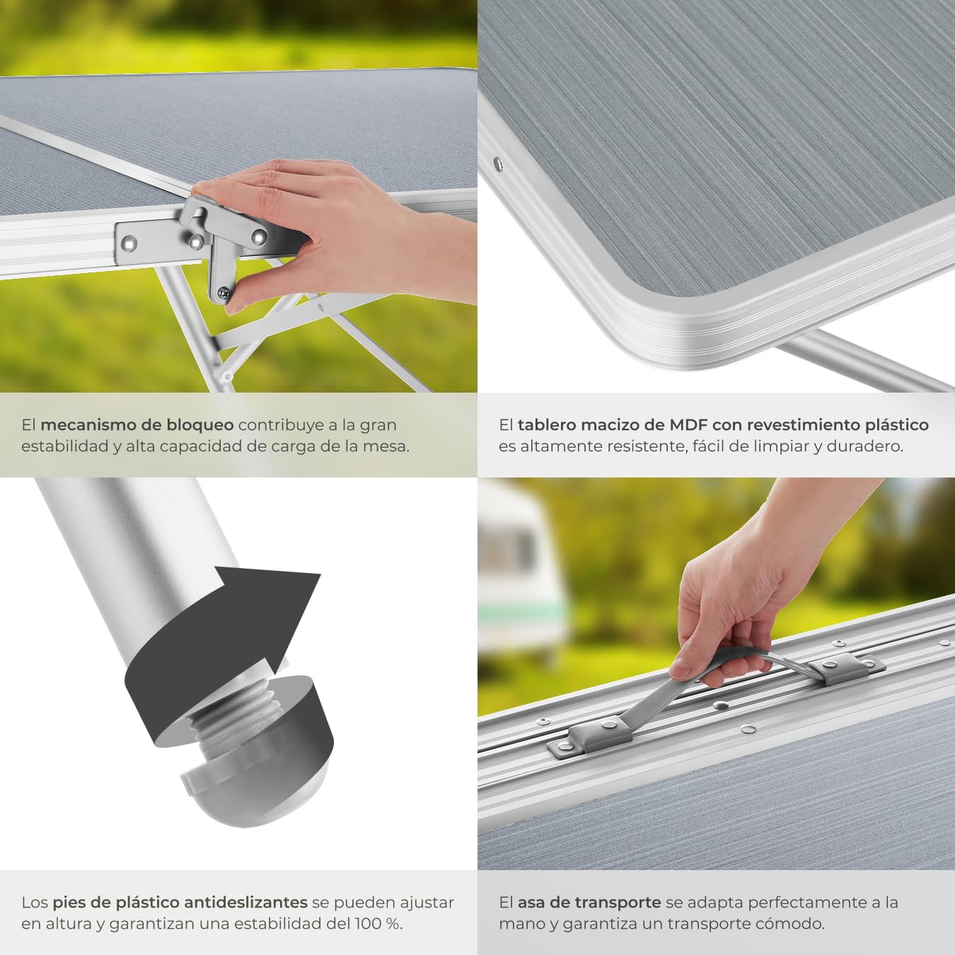 tectake® Mesa Plegable Aluminio, Mesa Camping Plegable con Altura Ajustable, Mesa Jardín Exterior con Asa de Transporte, Resistente a Intemperie, Ideal Acampadas, Jardín, Terraza, Picnic, 180x70x70cm