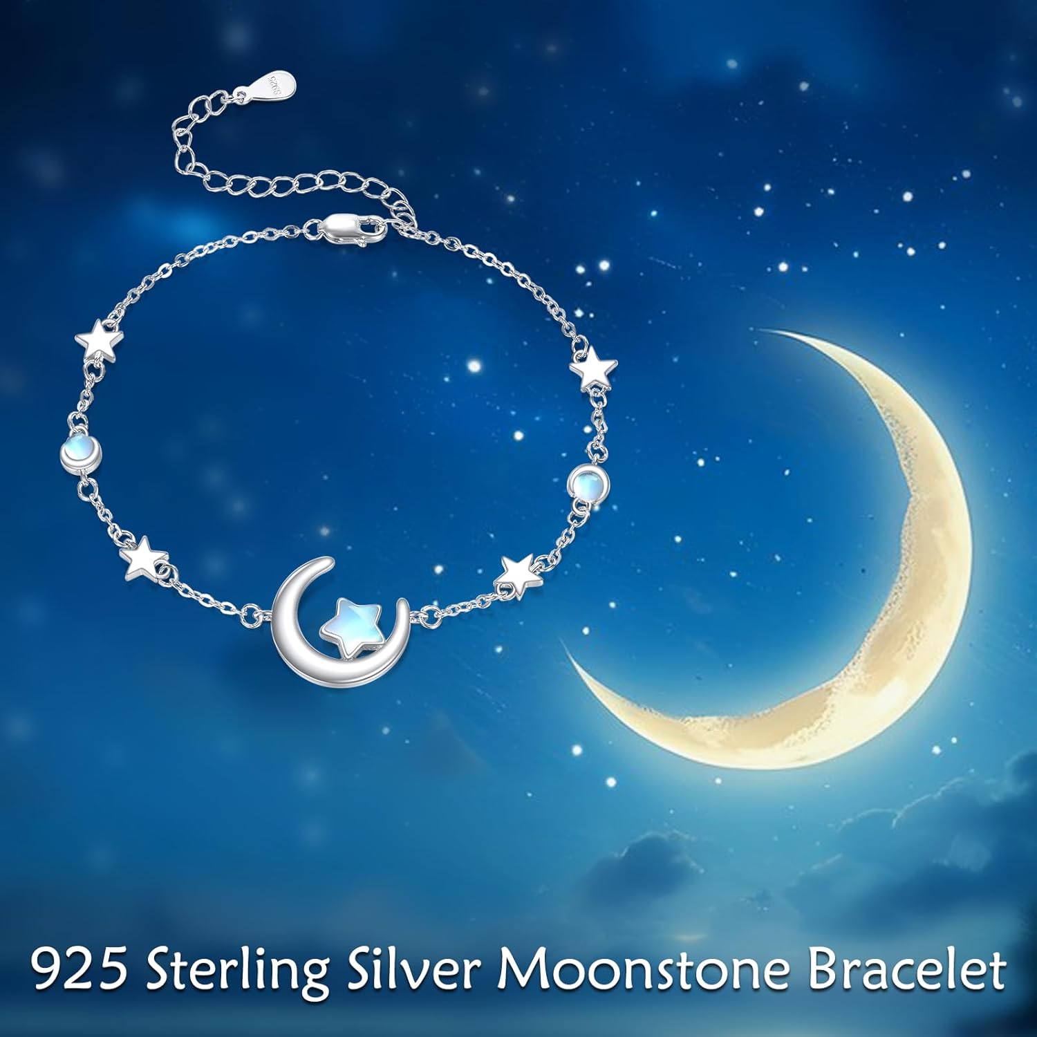 Moonstone Bracelet 925 Sterling Silver Star and Moon Bracelet Moonstone Jewelry Gifts for Women