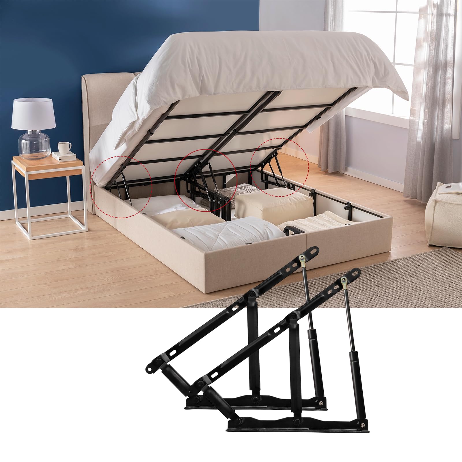 2 Stück Gasdruckfeder 900N/90kg, Gasdruckdämpfer Bettkasten Hebemechanismus, Schwerlast Hebescharniere für Bett mit Stauraum, Klappmechanismus Lift Up Feder, Stahl Möbelbeschlag für Sofa & DIY